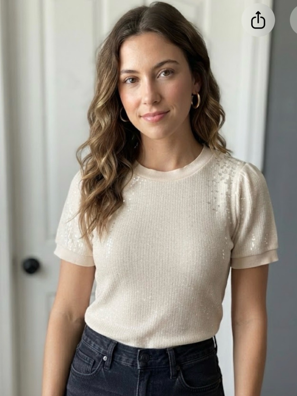 White House Black Market Cream Short-Sleeve Knit Top with Subtle Shine
